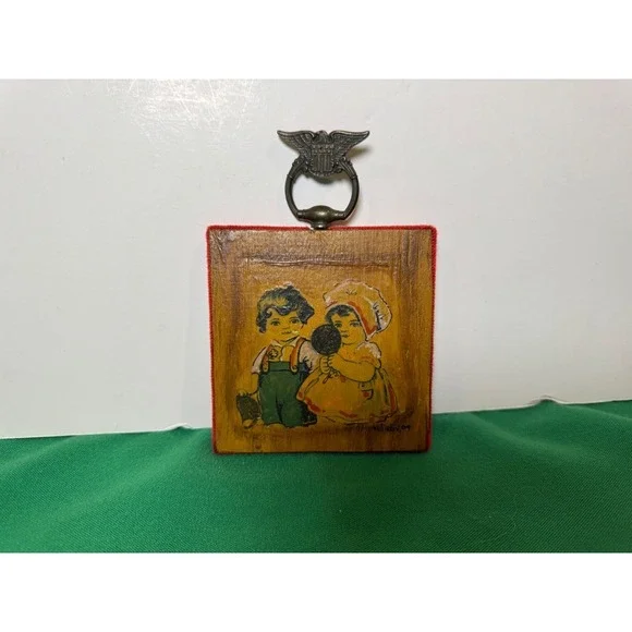Vintage Wooden Wall Art Plaque Children with Eagle Ring Handle - Picture 1 of 6